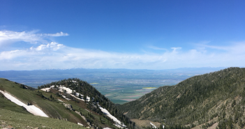 View from Sacajawea Peak showing two yellow fields in the distance