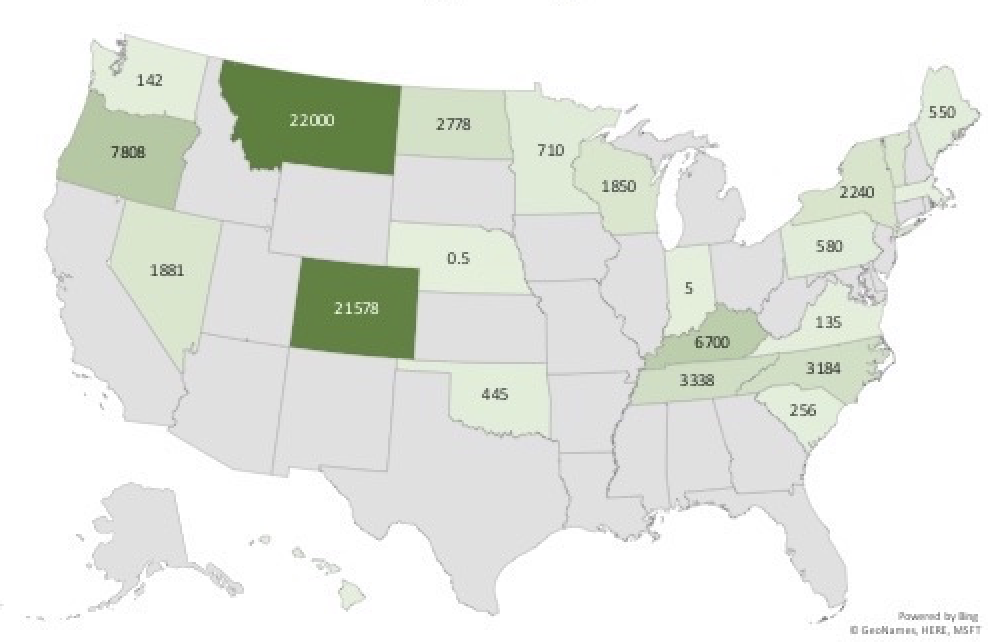 Map of hemp acres, by state.