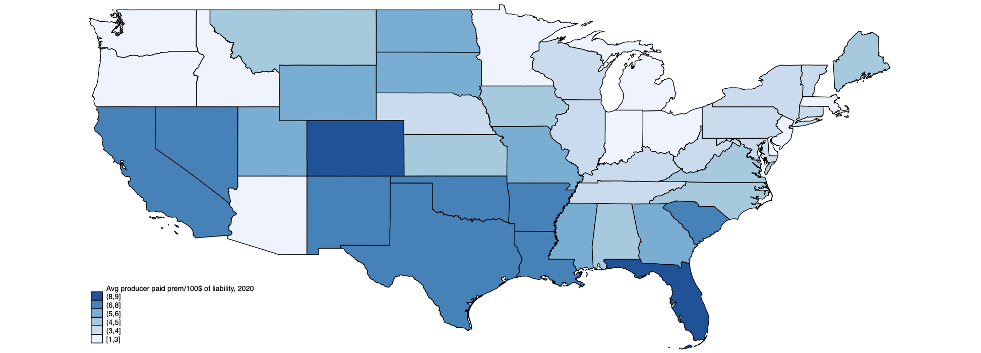 US map showing premium:liability by state.