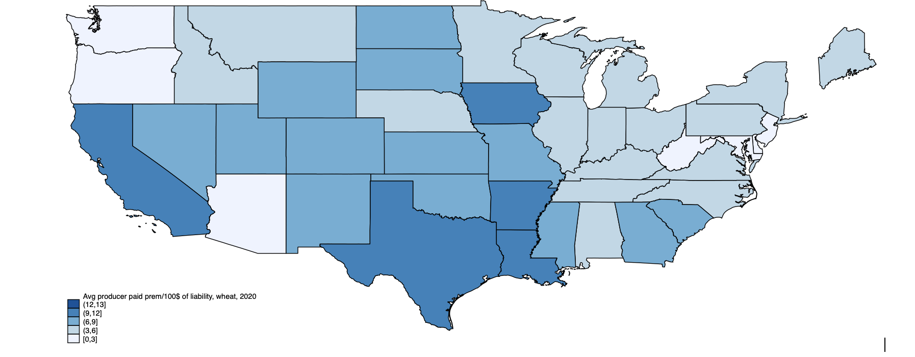 US map showing producer paid premium: liability ratios for wheat, 2020