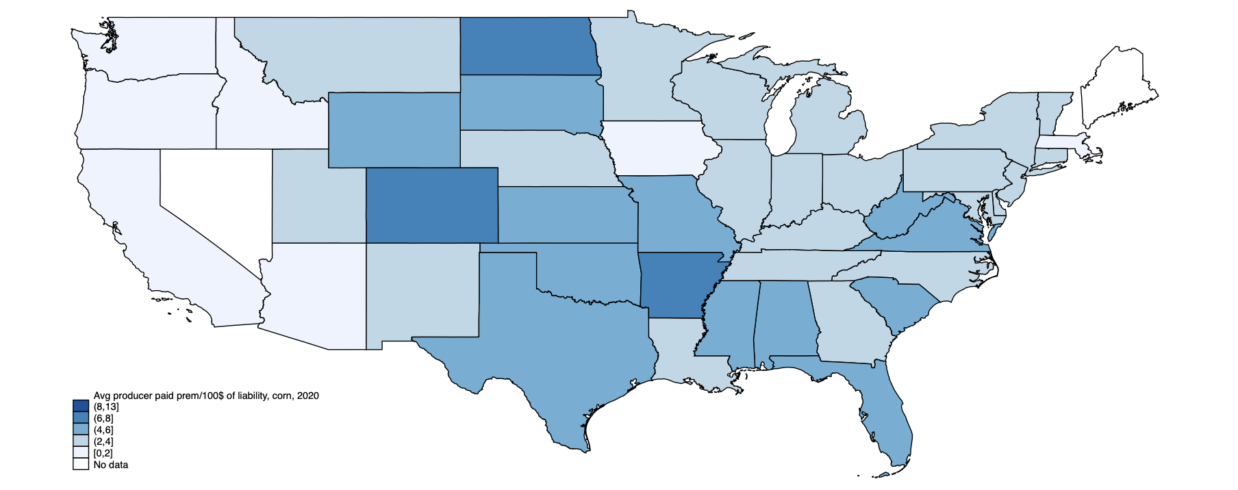 US map showing producer paid premium: liabiity ratios for corn, 2020