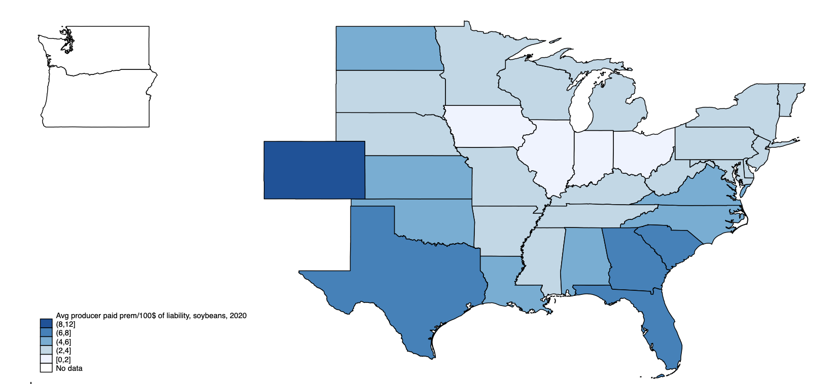 US map showing producer paid premium to liability ratios for soybeans, 2020